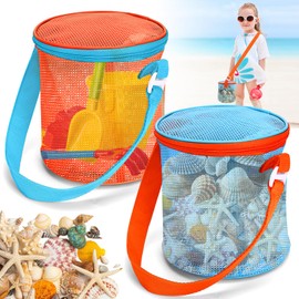 Auiremrti Shell Bags for the Beach, 2 Piece Mesh Shell Holders, Storage Buckets for Travel Sand Toys for the Sandbox, Beach Holiday Accessories for Kids
