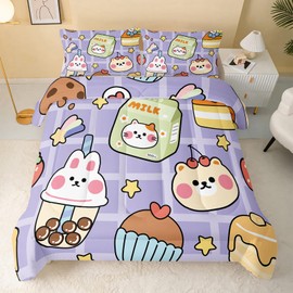 QOOMO Kawaii Bear Comforter Set for Kids Teens Girls Women,Cute Bear Kids Comforter,1 Comforter with 2 Pillowcase, Microfiber 3 Piece Bedding Set,for All SeasonsPurple，Full Size
