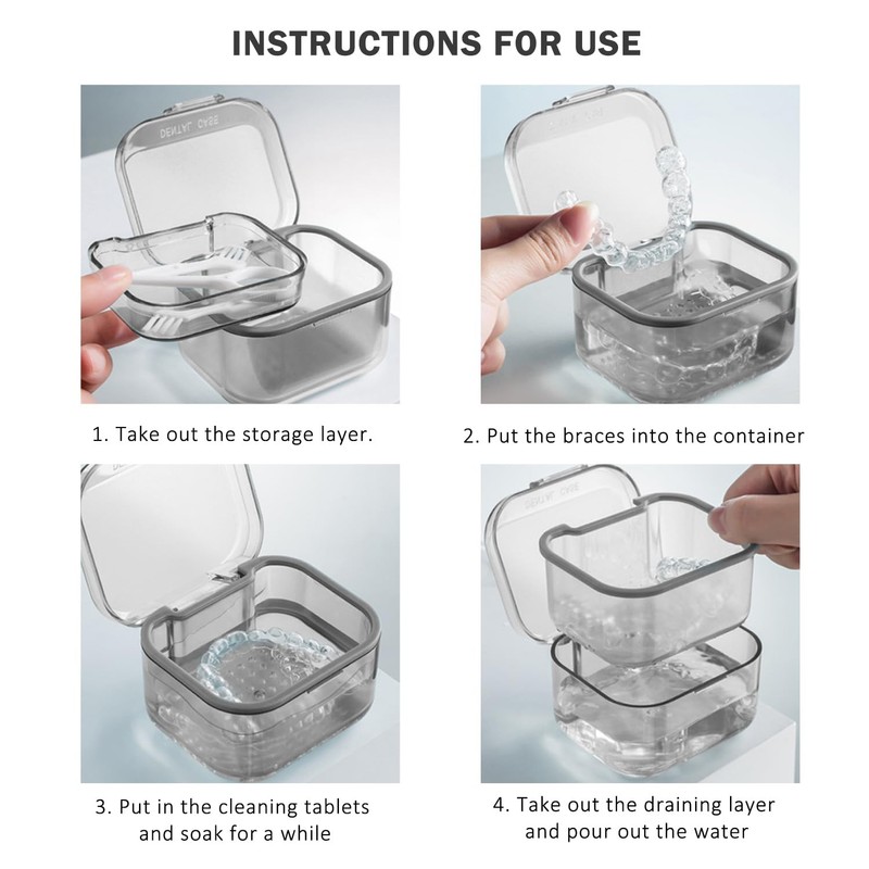 WALWAL Retainer Case, Three-Layer Denture Bath Box with Drain Tray,