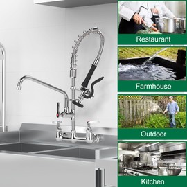 KWODE Commercial Kitchen Faucet Wall Mount with Pre Rinse Sprayer, 25" Height 8" Adjustable Center Wall Mount Restaurant Sink Faucet with 12" Swivel Add-on Spout and Pull Down Sprayer