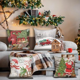 FOQENCCI Christmas Cushion Covers 18 x 18 inch Set of 4 Christmas Pillow Case for Sofa Bedroom Car Xmas Decorations Throw Pillowcase 18x18 Inches (18" X 18", Christmas 01)