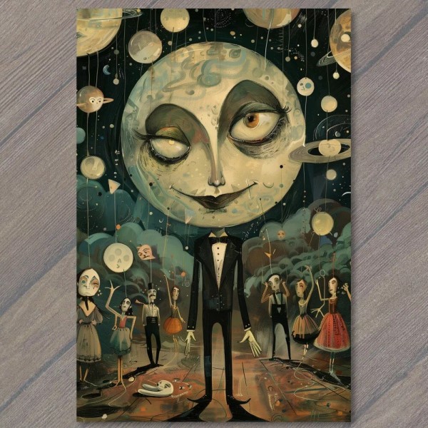 PaperMadDogScar POSTCARD Man In The Moon Woman Lipstick Fun Whimsical