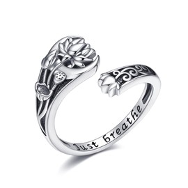HUKKUN Lotus Flower Spoon Ring Sterling Silver Inspirational Just Breathe Ring for Women