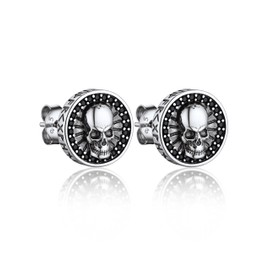 Bandmax Mens 925 Silver Skull Stud Earrings Black Cubic Zirconia Viking Runes Earrings for Men Punk Gothic Biker Skeleton Skull Jewelry