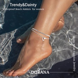 DORANA Anklets for Women Silver Waterproof Initial Anklets with Letter Heart Charm Women Adjustable Ankle Chains Gift for Her Initial Foot Jewelry,L