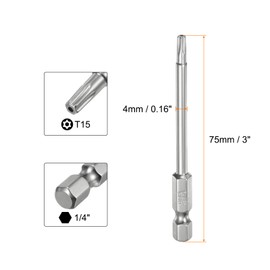 HARFINGTON 2pcs T15 Security Torx Bit 1/4" Hex Shank 3" Long S2 Steel Magnetic Tamper Resistant Star Bits Screwdriver Torx Head with Hole for Driver Drill Bits Remove Fastening Screws