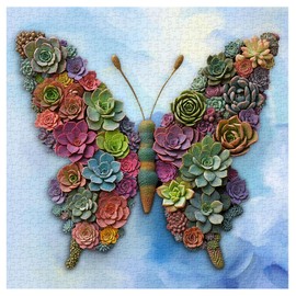 Butterfly Succulent Puzzles for Adults 1000 Pieces, Colorful Cactus Flower Jigsaw Puzzles, Nature Floral Animal Plant Puzzle