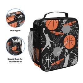 Hunihuni Basketball Pattern Insulated Lunch Box Tote Bag Leakproof Bento Box with Adjustable Shoulder Strap for Adults & Kids