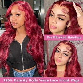 Benafee 99J Burgundy Lace Front Wigs Human Hair Body Wave Lace Frontal Pre Plucked Glueless Wigs 13x4 Curly Wave Wine Red Wig for Black Women Reddish Brown No Tangles Tiny Knots 24 Inch
