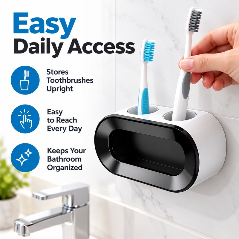 No-Drill Wall Mounted Toothbrush Holder – Self-Adhesive Plastic Bathroom Organizer