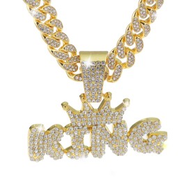 GuoShuang Cuban Link Chain for Men Women with Pendant,miami Ice Out Diamond Cuban Link Necklace Hip Hop Jewelry (KING-Gold)