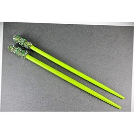 Perfect Hairstyle with Our Hair Accessories - Green Crystal Wood Set 2 Hair Chop Sticks Accessory Picks Pins 7 1/8" Long Fashionable Hair Accessory Hair Jewelry Accessories for Lady Women