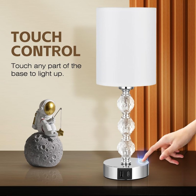Clora Touch Bedside Crystal Lamp for Bedrooms Nightstand with USB