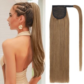Benehair Real Hair Ponytail Extension, 100% Real Hair Braid Extensions, Wrap Around Ponytail for Women, Light Brown Ponytail Real Hair Hair Extensions, 50 cm, 95 g, #6