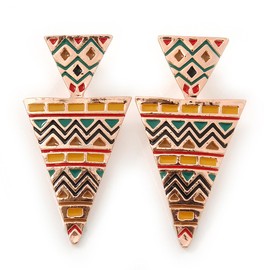 Yellow/Green Enamel Geometric Egyptian Style Drop Earrings/Gold Tone/ 55mm L