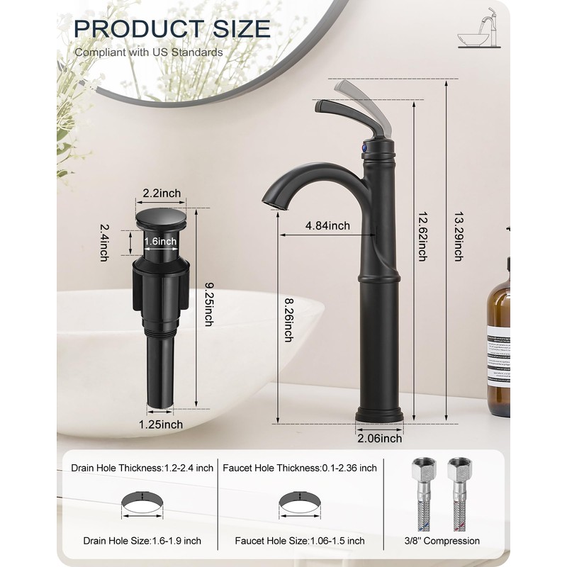 HOIGY Tall Bathroom Faucet Single Hole, Brass Vessel Sink Faucet