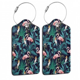 2 Pack Luggage Tag for Suitcase,Flamingo Parrots Leather Suitcase Tags Identifiers with Privacy Name Address Labels and Durable Steel Loop for Women Men Travel