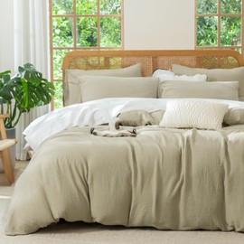 Jane yre Queen Size Duvet Cover Desert Sage Luxury Soft 100% Cotton Double-Layer Crinkle Sage Duvet Cover, 3 Pieces Bedding for All-Season, with Zipper Closure Luxury Soft Breathable Comfy