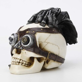 Veronese Design 5 7/8 Inch Steampunk Skull with Wire Hair and Leather Goggles Resin Hand Painted Statue Home Decor