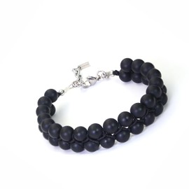 Black Beaded Bracelet for Men Son - Double Natural Onyx Mens Beads Bracelet 8mm, Durable Wired Adjustable Mens Bracelet Set Protection Jewelry for Fathers Birthday Gifts for Him Boyfriend Husband Dad