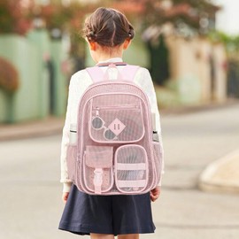 Cuayxox Light Pink Mesh Backpack for Girls Boys, Heavy Duty School Bookbag Womens Semi-Transparent Net Back Pack for Work Travel Beach
