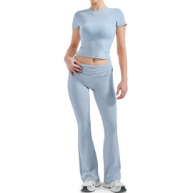 SUUKSESS Women 2 Piece Lounge Sets Going Out Y2K Foldover Pants Crew Neck Fitted Shirts Matching Pajamas (Light Blue, XS)