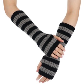 APLZGMG Y2K Striped Arm Warmers, Stretchy Long Fingerless Knitted Gloves with Thumb Hole, Harajuku Kawaii Punk Gothic Arm Sleeves for Women & Men (Black & Grey)
