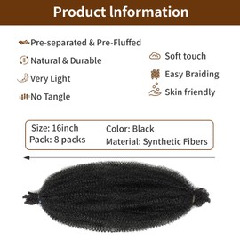 Soft Twist Hair for Afro Marley Locs, Black Pre-Separated Spring Twist Hair for Locs Crochet Braiding Hair for Curly Marley Braiding Hair Extensions for Women (16 Inch (Pack of 8))