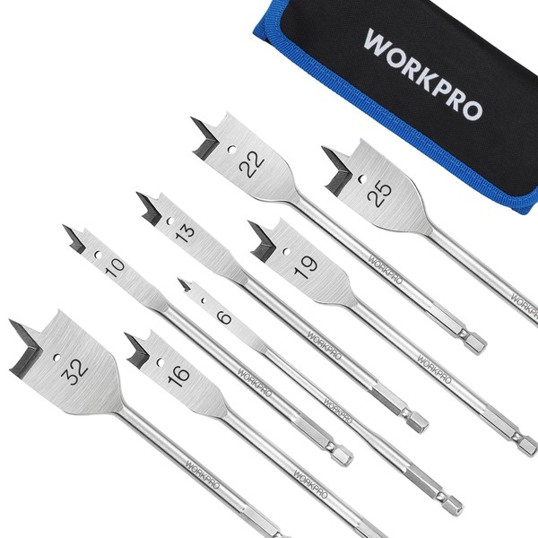 WORKPRO 8-Piece Spade Drill Bit Set, Carbon Steel Heavy Duty