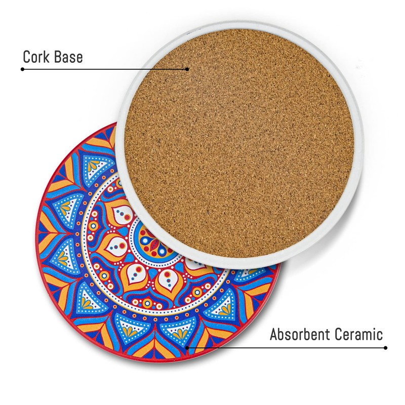 Mandala Coasters 8 Pack Ceramic Round Drink Coasters with Holder