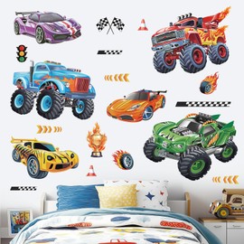 wondever Racing Car Wall Stickers Trucks Vehicles Roads Peel and Stick Wall Art Decals for Kids Bedroom Boys Room Playroom