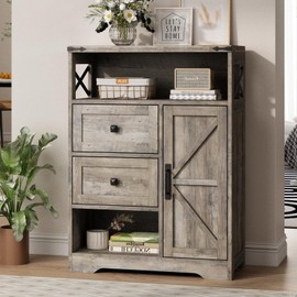 Fameill Farmhouse Storage Cabinet with 2 Drawers&Shelves,Freestanding Storage Cabinet with Doors&Open Storage,Floor Storage Cabinet for Living Room,Bathroom,Kitchen,Laundry,Grey