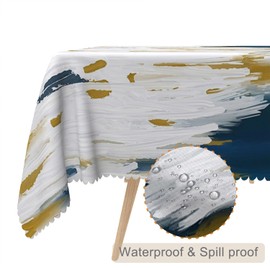 TTQYFNM 54x108inches Navy Blue White Tablecloth Abstract Brush Strokes Oil Painting Ombre Fabric Table Cloth Waterproof and Stain Resistant Rectangle Table Cover for Kitchen Dining Room Home Decor