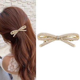 French Bow Pearl Barrettes for Women Girls Crystal Rhinestone Bow-knot Pearl Hair Clips Barrette Hair Pin Hairpin Gold Pearl Accessories for Women Girls Bridal Hair Barrette Wedding Prom