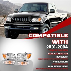 HECASA Headlight w/Bulbs Corner&Turn Signal Light Compatible with 2001-2004 Toyota Tacoma Replacement for TO2503136 TO2502136 Headlamp Signal Bumper Lights Clear Lens Black Housing Clear Trim LH&RH