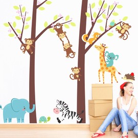 Jungle Animal Wall Decal Removable Tree Branch Wall Decals Art Mural Monkey Owls Bear Deer Vinyl Wall Stickers for Kids Room Bedroom Home Decoration