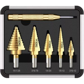 Tacklife 5PC Titanium Coated HSS Step Unibit Spral Drill Bit Set w Automatic Center Punch