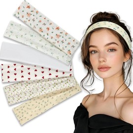 6pcs 2 Inch Thick Fabric Headbands for Women - Non Slip Elastic Hair Bands for Short Hair, Soft Floral Stripe Heart Pattern Cute Accessories for Girls Valentine's Day (Orange floral pattern)