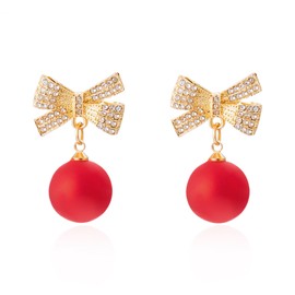 QzxEqz Christmas Bow Earrings Xmas Earrings Red Ball Pearl Bow Earrings Christmas Gifts for Women Christmas Jewelry (red)