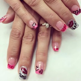 Valentine's Day Fake Nails French Tip Press on Nails Short Square Nails 24Pcs Cute Heart Acrylic Nails with Silver Pink Glitter Designs Coffin False Nails Tip Full Cover Stick on Nails for Women Girls