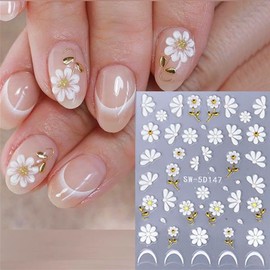 Flower Nail Art Stickers Decals Summer 5D Embossed Nail Decals Spring Summer with White Flowers Gold Leaf Daisies Nail Design Floral Daisy Transfer Sticker for Manicure Nail Art Decoration