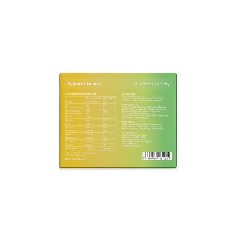 DR.VEGAN Hydrate+ | Hydration Sachets, Zero Sugar Electrolyte Powder |