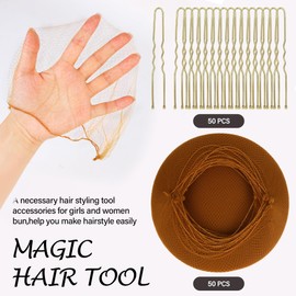 100PCS Hair Nets Set-50Pcs Light Brown Hair Nets 50PCS U Shaped Hair Pins, Hair Nets for Food Service Workers, Ballet Dancer and Hair Pins for Women, Men, Girls(100PCS Sets,Light Brown)