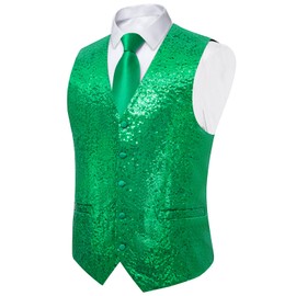 DiBanGu Mens Sequins Vest and Tie Set Solid V-Neck Shiny Dress Waistcoat Bowtie with pocket square for Prom Party Tuxedo, Green, Large