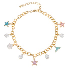 HETICA Charm Necklace for Women - Chunky Gold Charm Necklace Shell Starfish Pearl Necklace Beach Necklace Baroque Pearl Charms Women Delicate Simple Jewelry