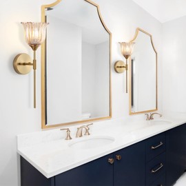 BYOLIIMA Gold Wall Sconce Set of 2 with Amber Glass Shades Modern Mid Century Bathroom Vanity Wall Light Fixtures Industrial Brushed Brass Wall Lamp for Bedroom Mirror Living Room Restaurant