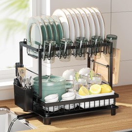 Nfnoyp Multifunctional Dish Drying Rack - Rustproof, 2-Tier Dish Racks with Drainboard, Space-Saving Design, Utensil & Cup Holder for Kitchen Counter, Black