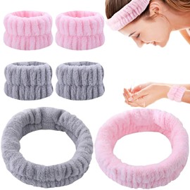 6 Pcs Spa Headband Wrist Washband Set, Face Wash Wristband Soft Elastic Headband and Wrist Bands Facial Skincare Headband Washing Band for Women Girls Makeup Bath Shower (Pink, Gray)