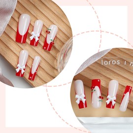 Long Press on Nails Square False Nails Red French Tip Fake Nails with 3D Bow Designs Stick on Nails Cherry Charm Artificial Nails Cute Glossy Glue on Nails for Women Girls 24Pcs