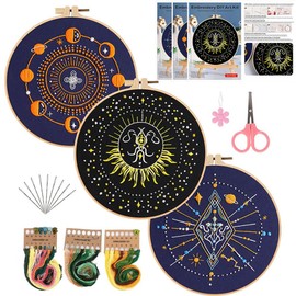 Konrisa 3 Pcs Stamped Embroidery Starter Kit for Adults Beginners, Universe Planet Pattern Cross Stitch Kits, DIY Sewing Practice Kit, Needlepoint Kits Include 1pcs Hoops, Hanging Decoration for Home